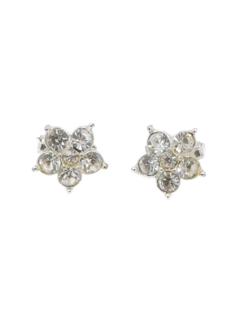 Bogoff Rhinestone Flower Clip Earrings Silver Vintage Signed 3/4"